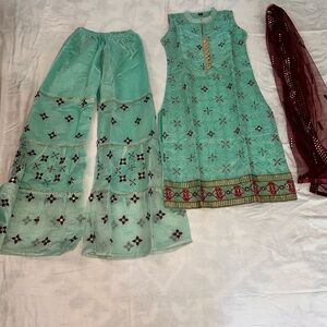 Embroidered Teal and Maroon Kurta Set